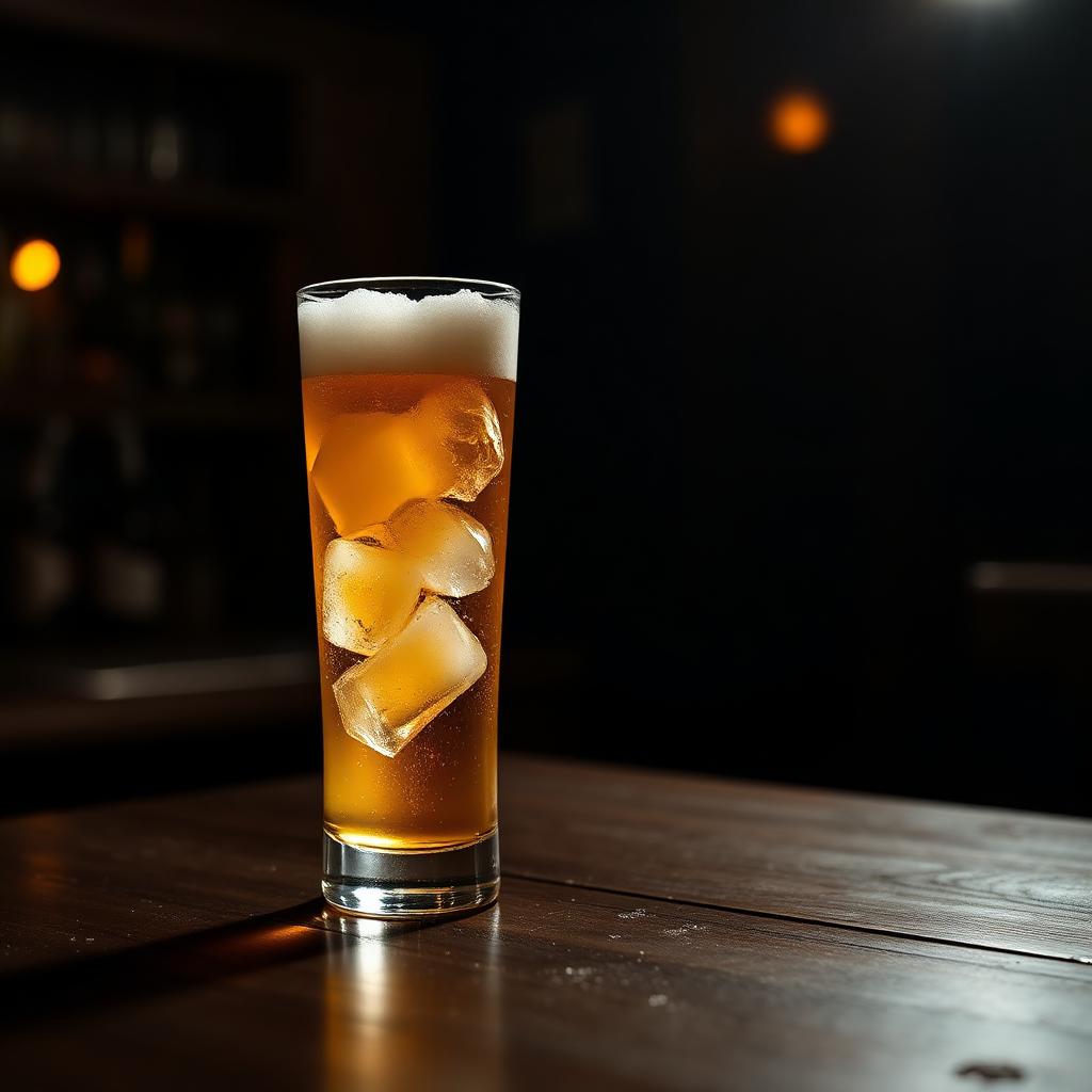 Copo de chopp gelado com colarinho sobre balcão de madeira