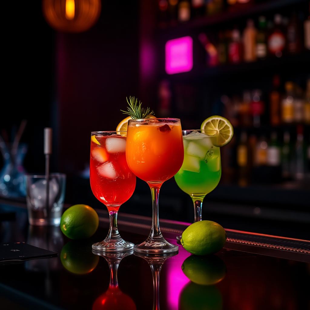 Três drinks coloridos servidos no balcão do bar
