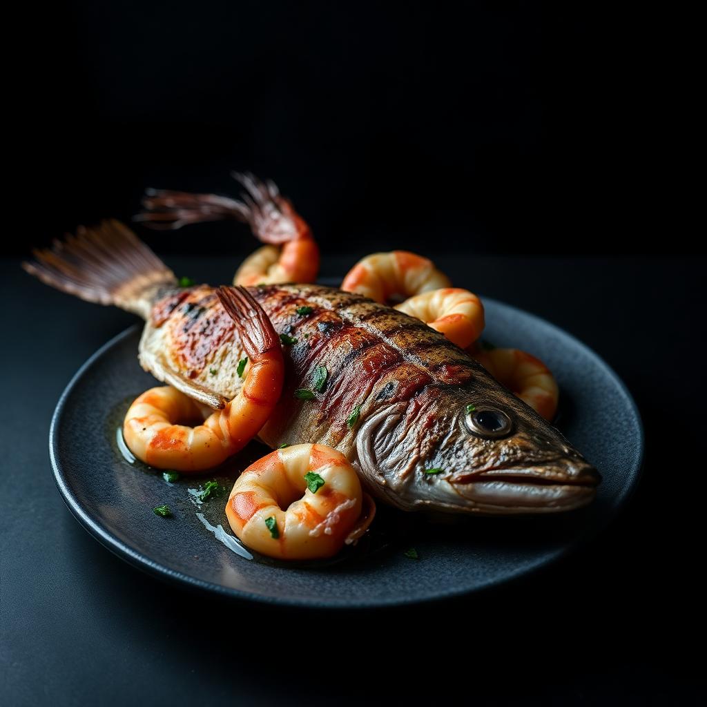 Prato de peixe grelhado com camarões sobre louça escura